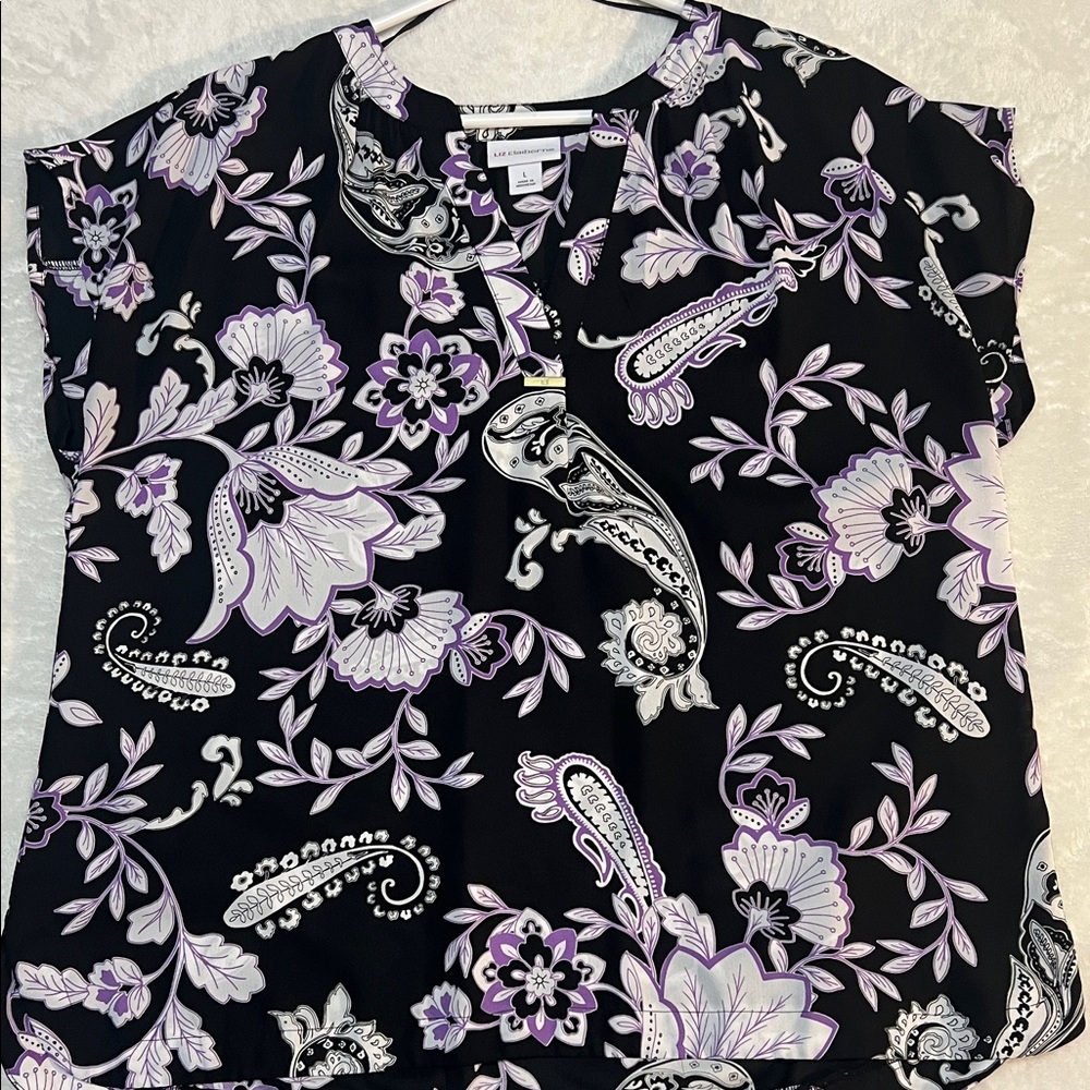 Liz Claiborne Black Blouse with Lavender and White Paisley Floral Print